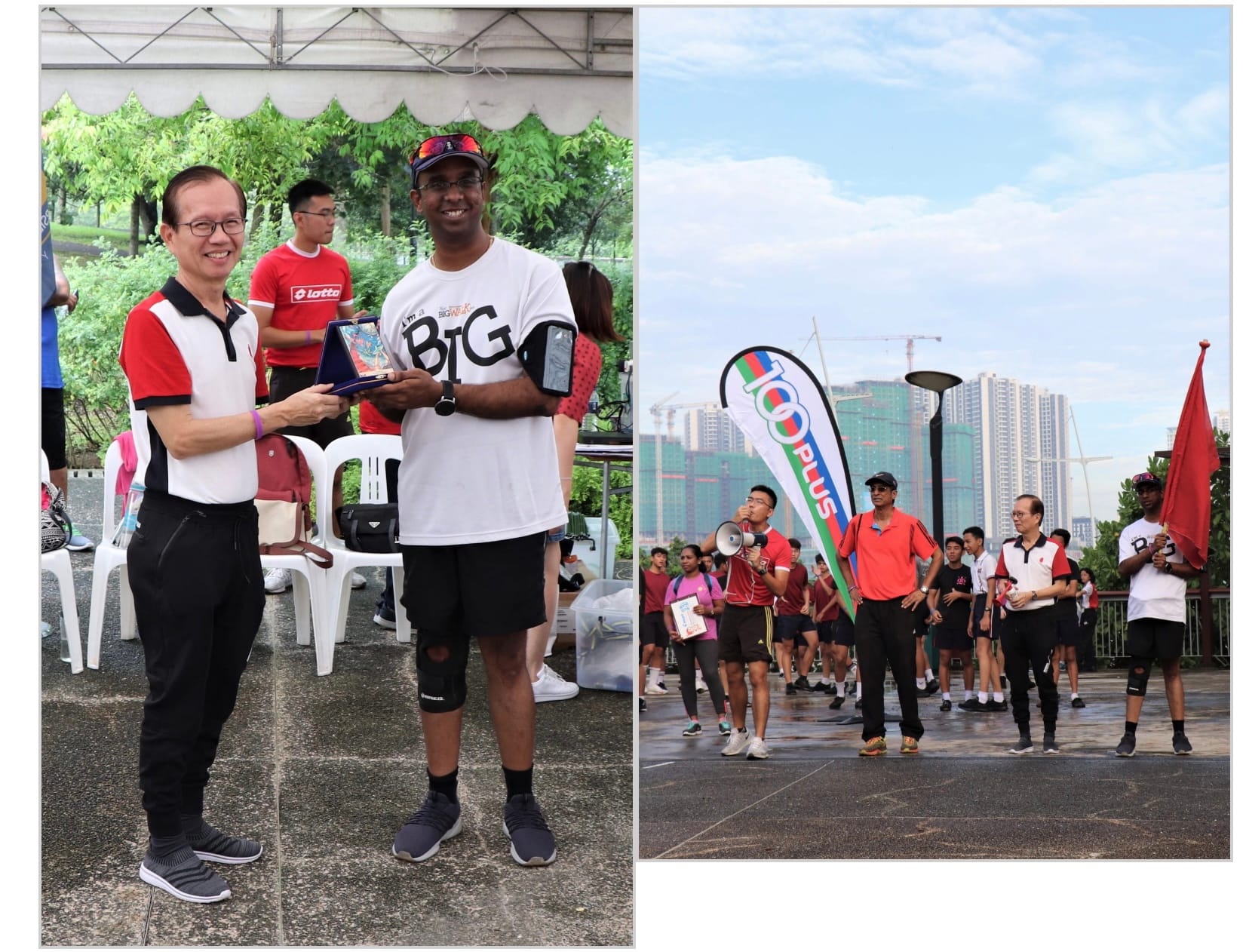Two men hold an award at an outdoor event; right photo shows a group walking past a 100Plus banner.